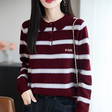 新款100纯羊毛衫女POLO领条纹打底宽松显瘦上衣秋冬撞色翻领毛衣，女装羊毛衫，大美人包芯纱店