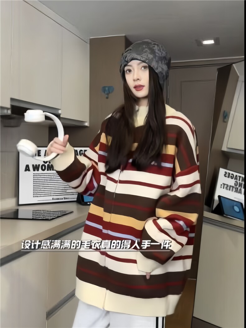 美式复古彩虹撞色针织衫青春情侣潮牌宽松外套毛衣XZ301AM01P78,男装针织衫/毛衣,星座301A