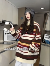 美式复古彩虹撞色针织衫青春情侣潮牌宽松外套毛衣XZ301AM01P78，男装针织衫/毛衣，星座301A