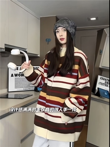 美式复古彩虹撞色针织衫青春情侣潮牌宽松外套毛衣XZ301A M01 P78图片