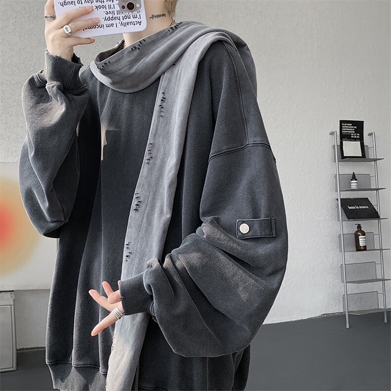 8XL-M高品质美式雕刻可拆卸破洞帽洗水深灰多穿法圆领卫衣WY28P88,男装卫衣,电商D206-1