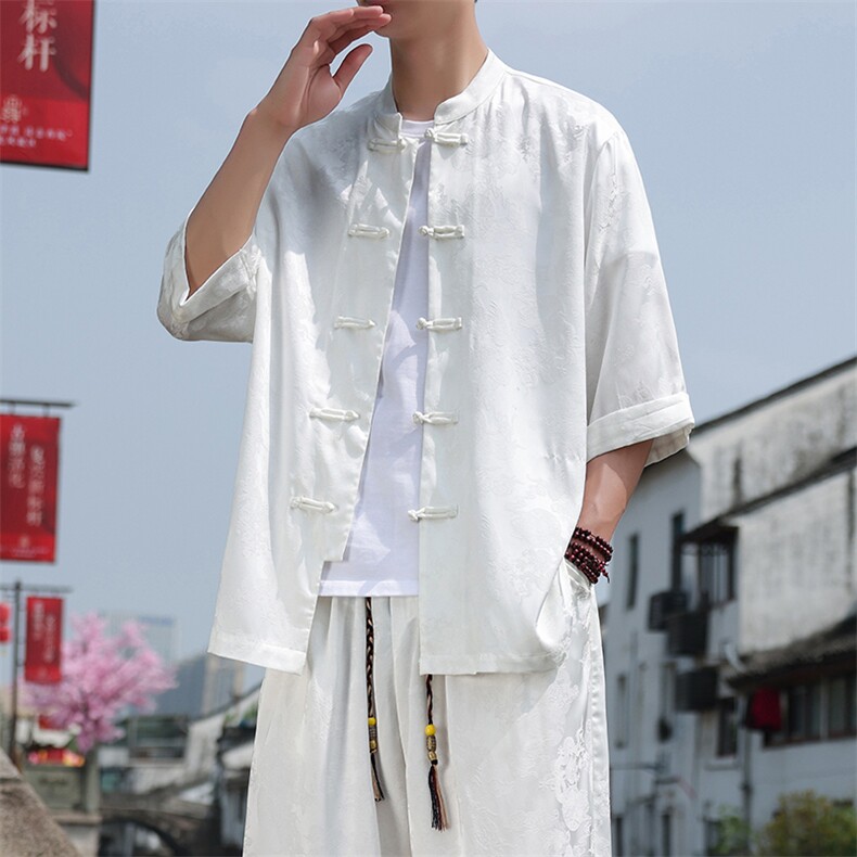 新中式七分袖衬衫男2025夏季新款大码盘扣上衣,男装衬衫,电商A008