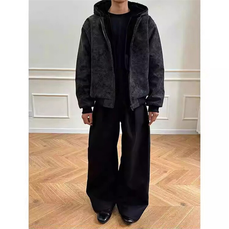 现货高品质美式冬季重磅座山雕大毛毛领pu皮棉衣男女加厚外套，男装皮衣，电商A443