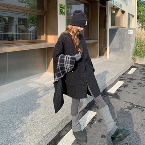 韩版格子拼接慵懒风双面羊毛大衣女2025秋冬季新款显瘦两面穿外套图片