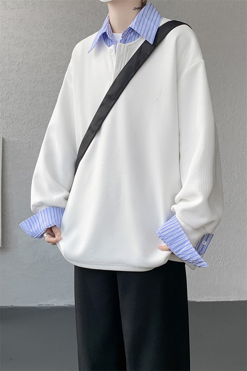 M-8XL假两件撞色polo衬衫翻领卫衣亨利领大码长袖上衣WY5117特P45,男装衬衫,电商B238