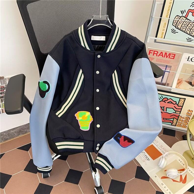 美式拼接徽章刺绣毛呢棒球服夹克男女潮牌外套2025春秋W6716-P68,男装夹克,星座412-1