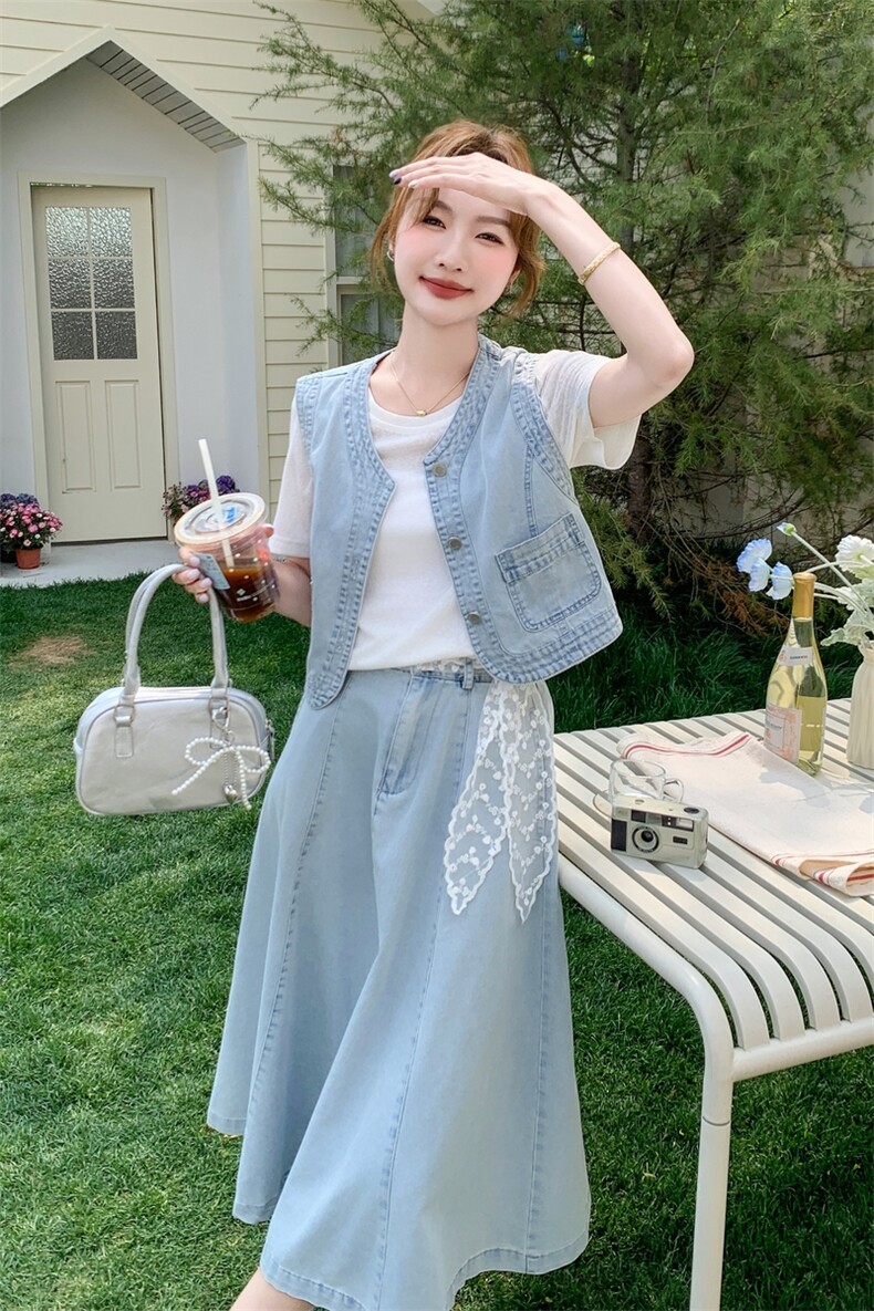 时尚减龄牛仔套装女2025年夏季新款马甲T恤半身裙三件套,女装套装/套裙,吉娜