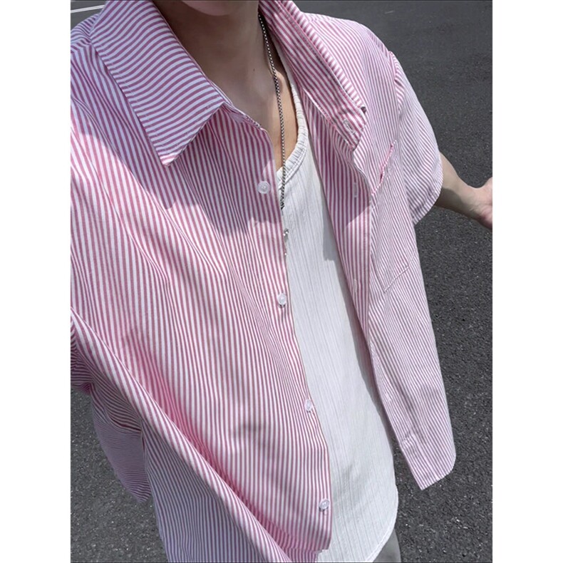 夏季条纹短袖衬衫男潮牌宽松休闲翻领衬衣外套DC2237-特价P26,男装衬衫,电商A007