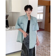 韩系垫肩牛仔水洗短袖衬衫外套男女夏季宽松休闲搭配外套~C9995，男装T恤，星座601-2