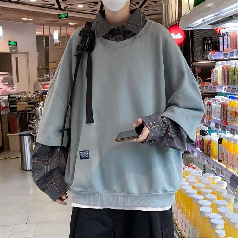 秋冬季假两件卫衣男衬衫领拼接ins潮牌百搭格子外套W5342-P42,男装卫衣,星座512-3