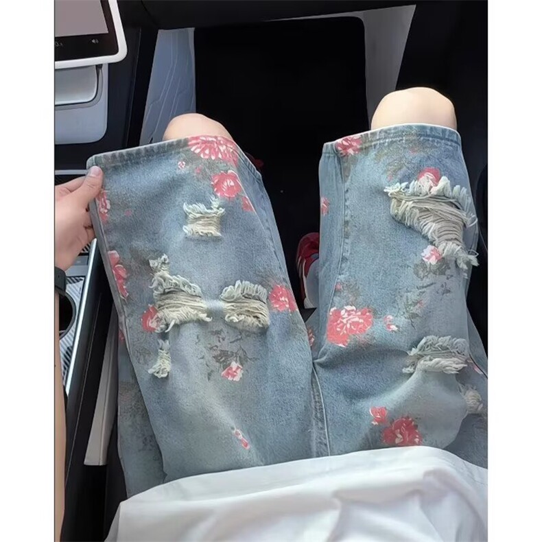 牛仔裤女2025春秋季新款复古印花牛仔微喇裤显瘦修身高腰喇叭裤子，男装牛仔裤，星座1210-1