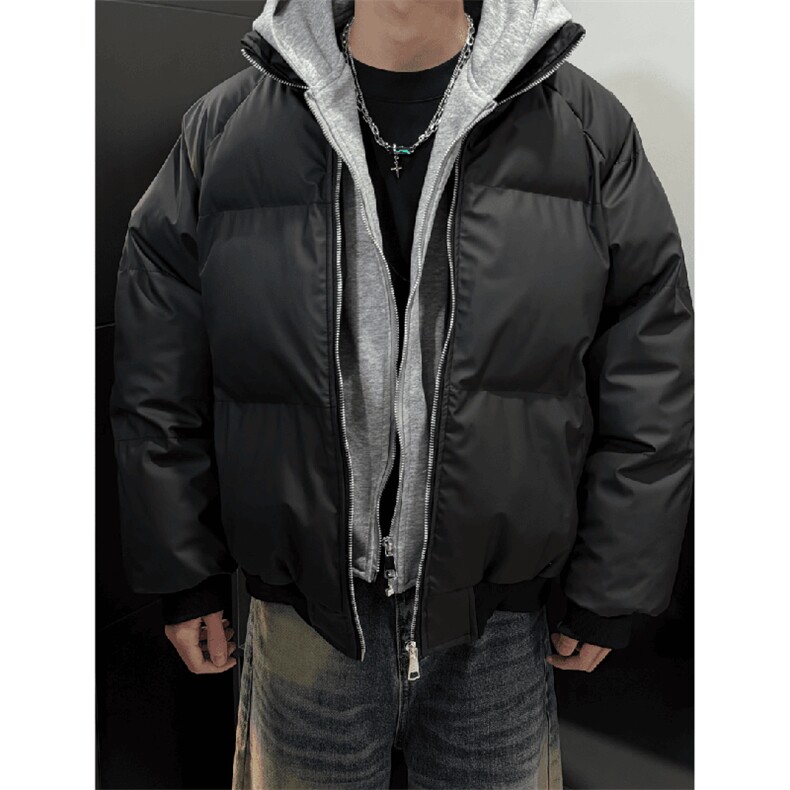 现货高品质重磅工艺美式高街假两件PU皮棉衣男女加厚棉服外套图片