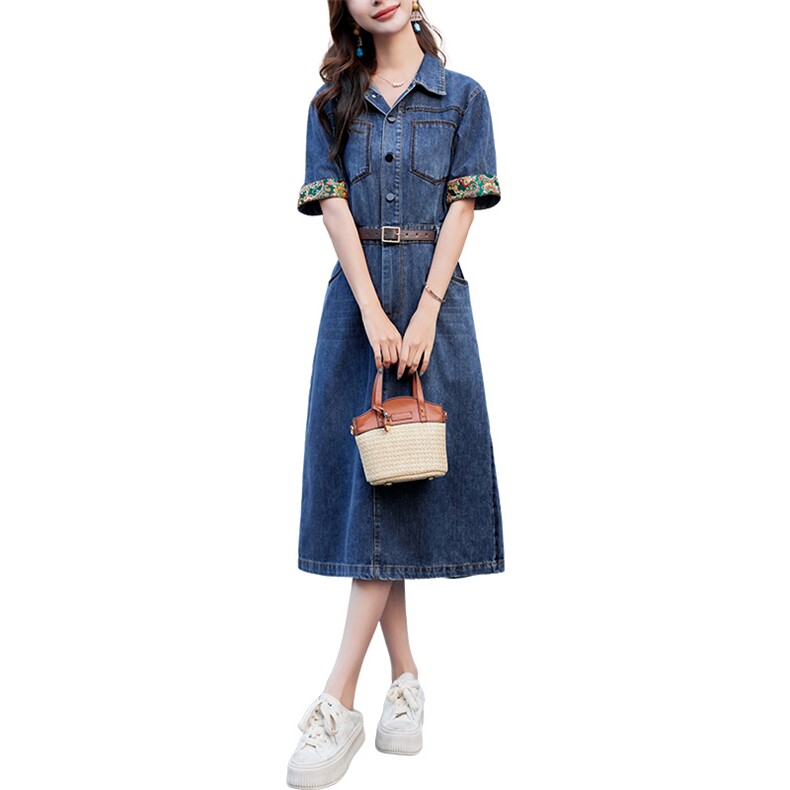 时尚减龄中式牛仔裙衬衫领收腰舒适牛仔长裙连衣裙女夏款,女装连衣裙,丽影随形