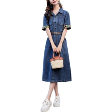 时尚减龄中式牛仔裙衬衫领收腰舒适牛仔长裙连衣裙女夏款，女装连衣裙，丽影随形