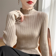 2025年秋季时尚百搭通勤简约休闲套头木耳边，女装针织衫/毛衣，凯思米羊绒