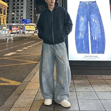 新款小破洞设计款线条弯刀裤牛仔裤男长裤A142-P45，男装牛仔裤，电商D312