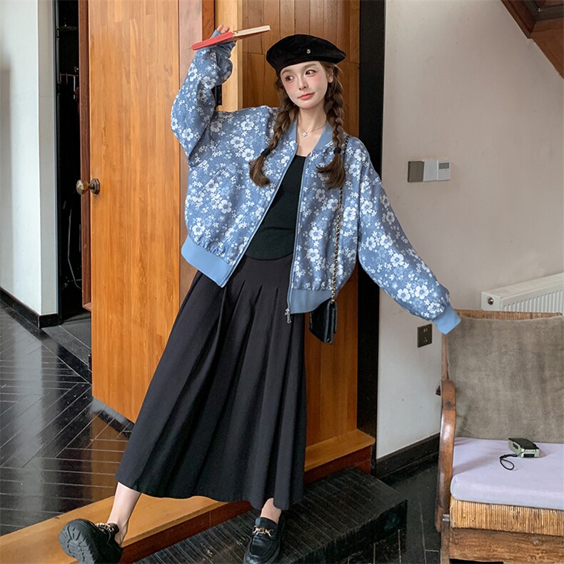 蓝色复古碎花棒球服外套女2025春季新款设计感超好看短款夹克上衣,女装短外套,浙宝276（原081）