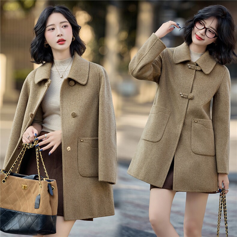 气质盘扣中长款双面羊毛呢大衣女2025秋冬新款巨好看减龄毛呢外套，女装双面呢大衣，沁沁公主