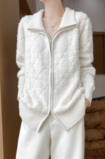 秋冬新款菱格毛巾绣开衫时尚百搭慵懒风，女装针织衫/毛衣，优麦羊绒（原洪叶羊绒）