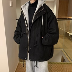 冬季加厚毛呢外套男潮ins港风连帽呢子大衣中长款潮牌假两件棉服，男装棉衣，星座1210-1
