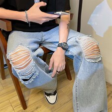 新款男女高街破洞宽直筒个性潮牌牛仔裤长裤子NZ689批45控68，男装牛仔裤，星座715