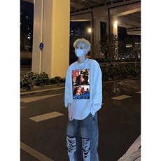 美式复古说唱歌手印花长袖T恤小领口打底衫，男装T恤，星座310A-4