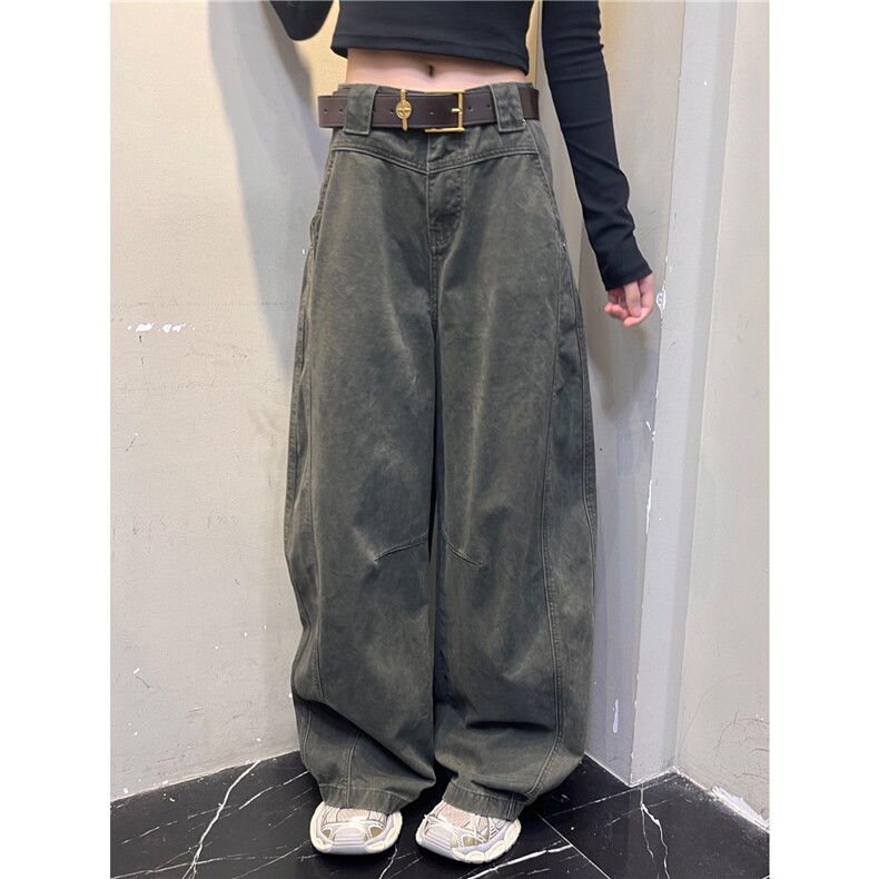 卡其色解构弯刀工装裤女款秋季美式复古裤子直筒微喇阔腿休闲长裤图片