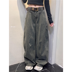 卡其色解构弯刀工装裤女款秋季美式复古裤子直筒微喇阔腿休闲长裤图片