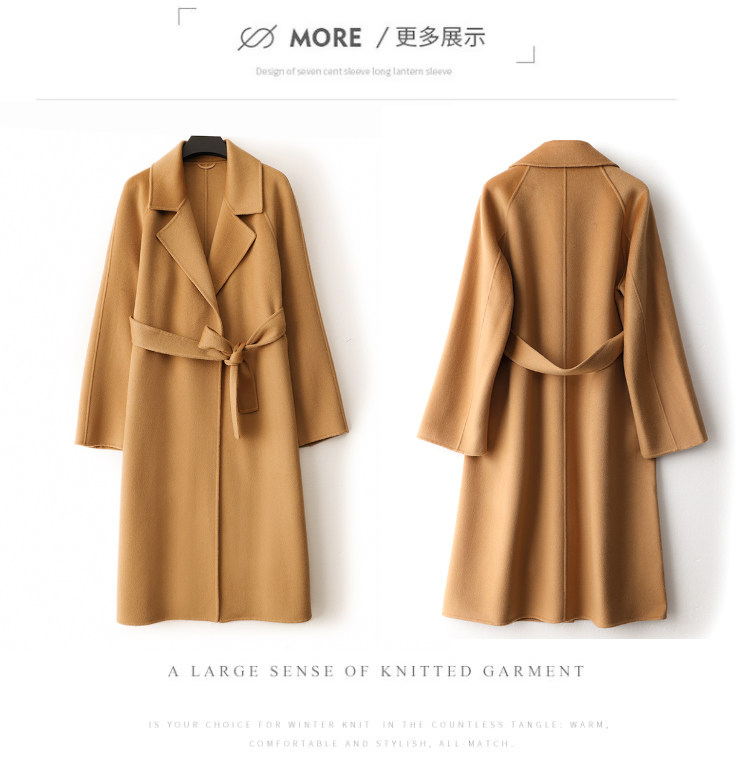 秋冬季羊绒休闲简约时尚百搭经典V领无扣腰带中长款大衣，女装羊绒大衣，水之秀羊绒大衣