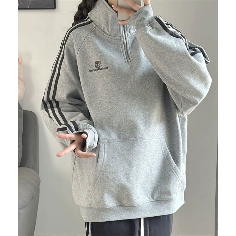 抖音得物 美式全棉三条杠立领卫衣半拉链外套 印花卫衣 A2902图片