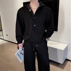 抖音春装撞色牛仔拼接连帽卫衣宽松弯刀裤套装男潮TZ279-P158图片