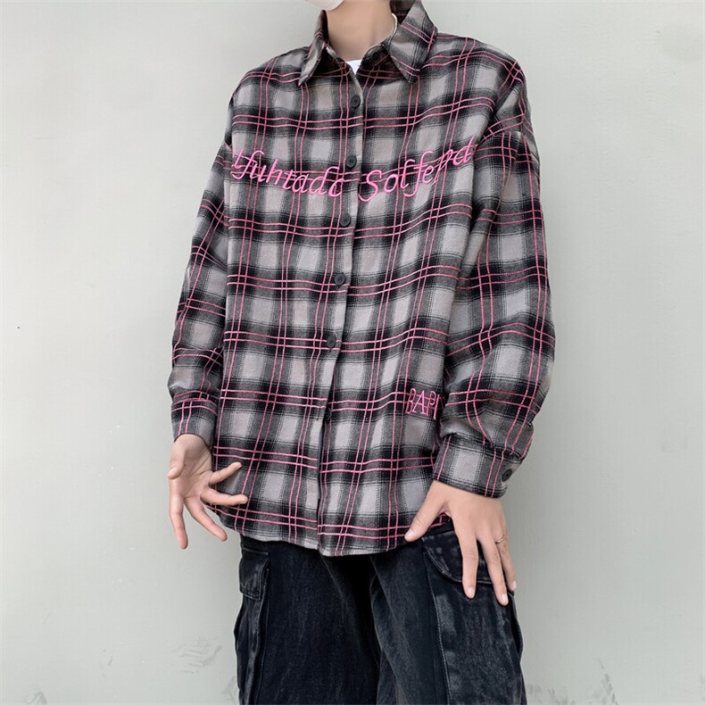 格子衬衫男女韩版潮流高街帅气刺绣字母2025春季ins外套CY963-P49,男装衬衫,星座412-3