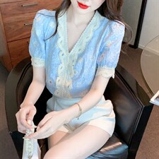 V领气质蕾丝衫洋气衬衫短袖小衫上衣，女装蕾丝衫/雪纺衫，美吧服饰