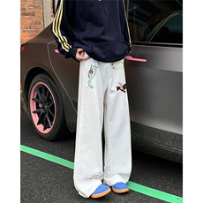 美式高街vibe风裤子欧美痞帅刺绣印花高级感牛仔裤cleanfit直筒裤，男装休闲裤，星座1013