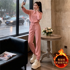 气质简洁休闲套装女秋冬新款韩系圆领订扣设计感卫衣束脚裤两件套，女装套装/套裙，江南