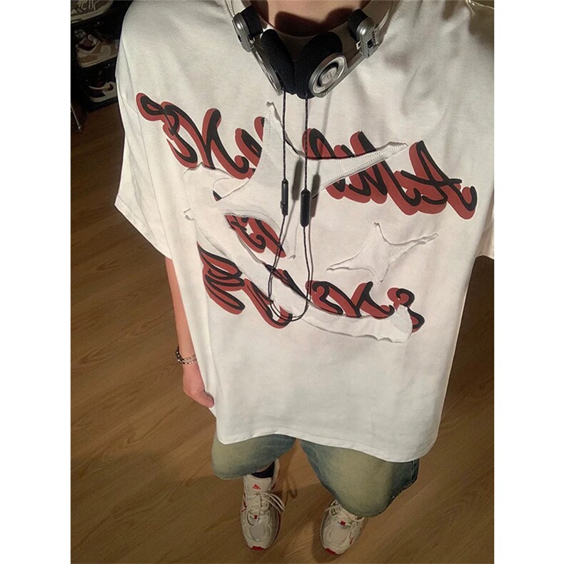 网图有货美式复古街头做旧刺绣短袖T恤男女情侣宽松上衣A554-P37，男装T恤，星座1505