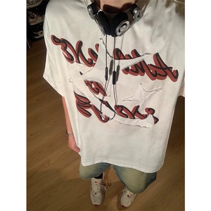 网图有货 美式复古街头做旧刺绣短袖T恤男女情侣宽松上衣A554-P37,男装T恤,星座1505