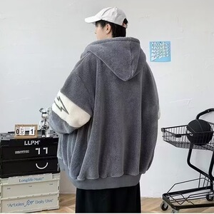 羊羔绒外套男秋冬季加厚连帽棉服青少年冬装潮牌宽松棉衣夹克图片