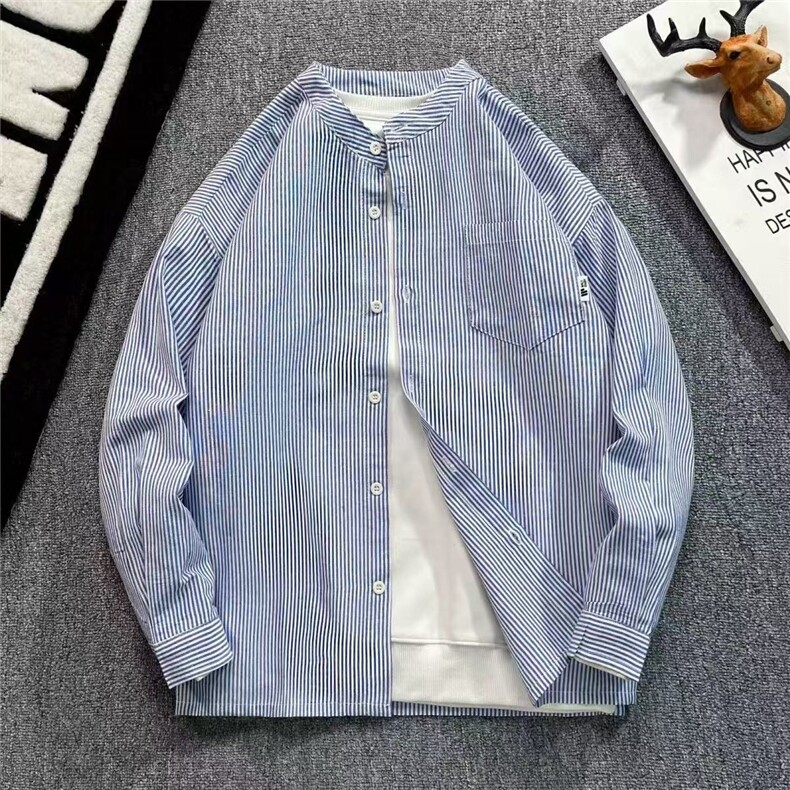 大码早秋新款休闲外穿阿美咔叽日系复古工装长袖黑白条纹衬衫男潮，男装衬衫，星座613
