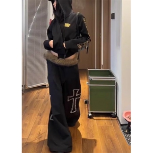 美式高街高腰阔腿裤黑色裤子女2025秋季新款毛领卫裤休闲裤长裤子,小脚牛仔裤搭配t恤女图片