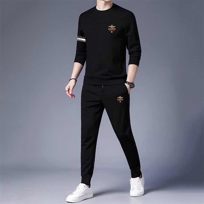 秋季男式长袖长裤透气两件套运动休闲圆领修身t恤套装，男装休闲套装，电商B360