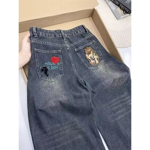 美式时尚高级感设计感春秋个性潮流休闲拖地阔脚裤水洗牛仔裤男女图片