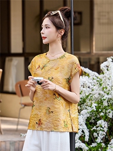 现货人丝苏锦夏季凉爽中式领丝麻女时尚潮流GAO级中古风套装图片