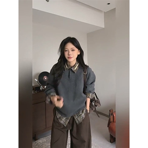 重磅秋冬北极绒亨利领毛衣开衫美式复古休闲慵懒风纯色翻领针织衫图片