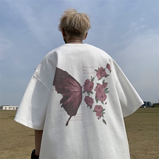 已注册/夏季新款外景纯棉玫瑰蝴蝶短袖T恤男宽松打底衫DT9998/P25，男装T恤，电商B316