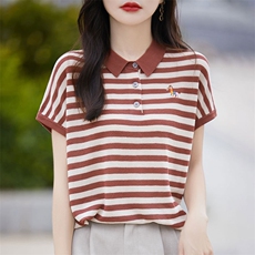 夏季洋气减龄POLO领针织衫短袖T恤女拼色条纹休闲翻领百搭上衣新，女装T恤，暖烁羊绒