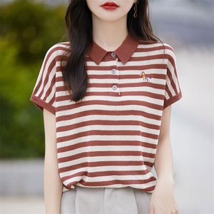 夏季洋气减龄POLO领针织衫短袖T恤女拼色条纹休闲翻领百搭上衣新图片