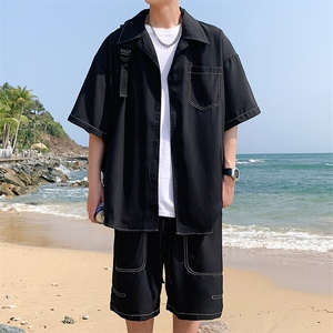 特批P55无差价夏冰丝凉感短袖衬衫短裤男士垂感时尚潮流套装TZ092图片