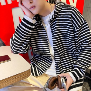 高品质秋款男连帽毛衣条纹拼接针织衫拉链夹克外套M5654 P65图片