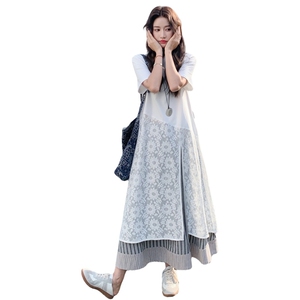 白色拼接假两件连衣裙女2025年夏季新款时尚独特绝美减龄显瘦裙子图片